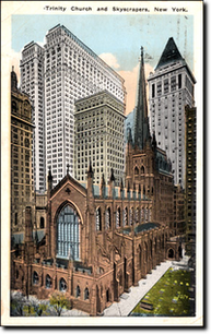 Cartolina degli Anni 20. La chiesa è all'ombra dei grattacieli.