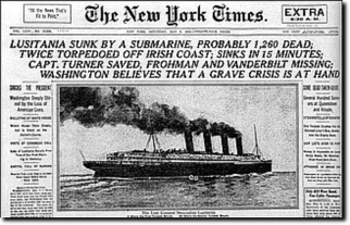 Prima pagina del New York Times del 16 maggio 1907. La tragedia della Lusitania scuote l'America.